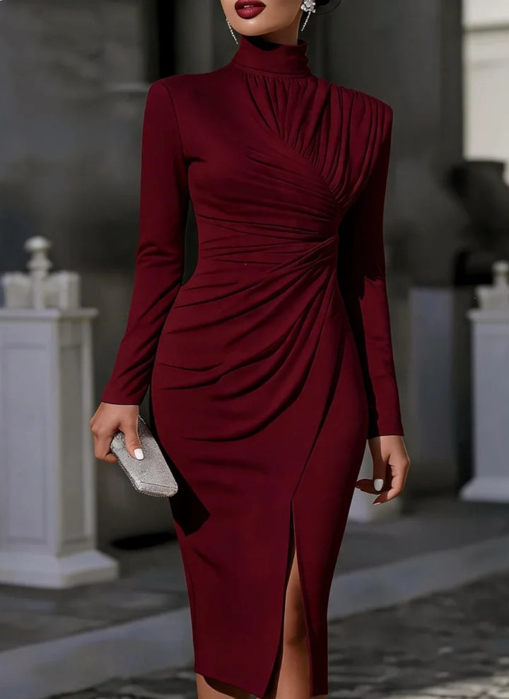 Damen Elegantes Midikleid mit geraffter Drapierung, Stehkragen und Beinschlitz Drune