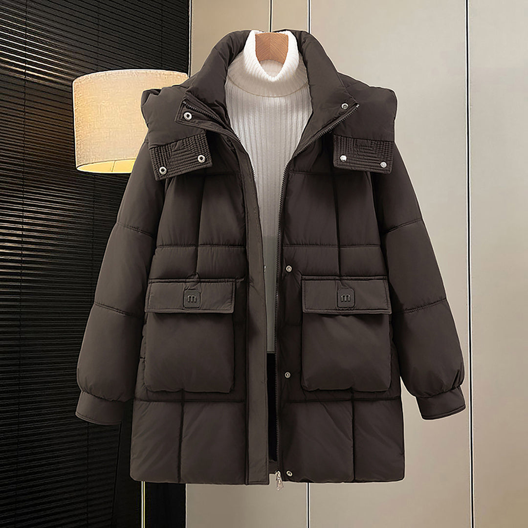 Damen funktionelle und stilvolle Winterjacke mit Taschen und Kapuze Drune