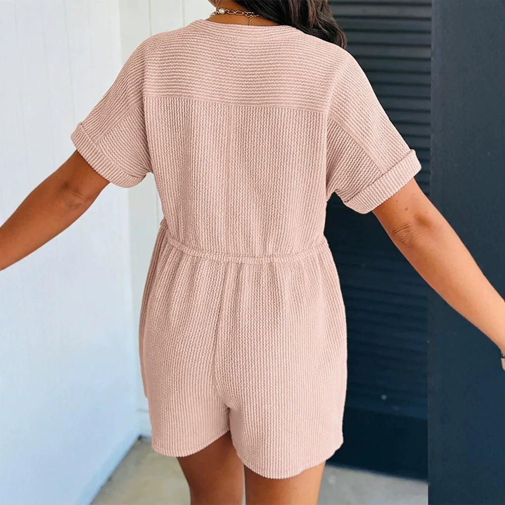 Damen lässiger Kurzoverall aus weichem Waffelmaterial mit Knopfdetails und praktischem Taschen Drune