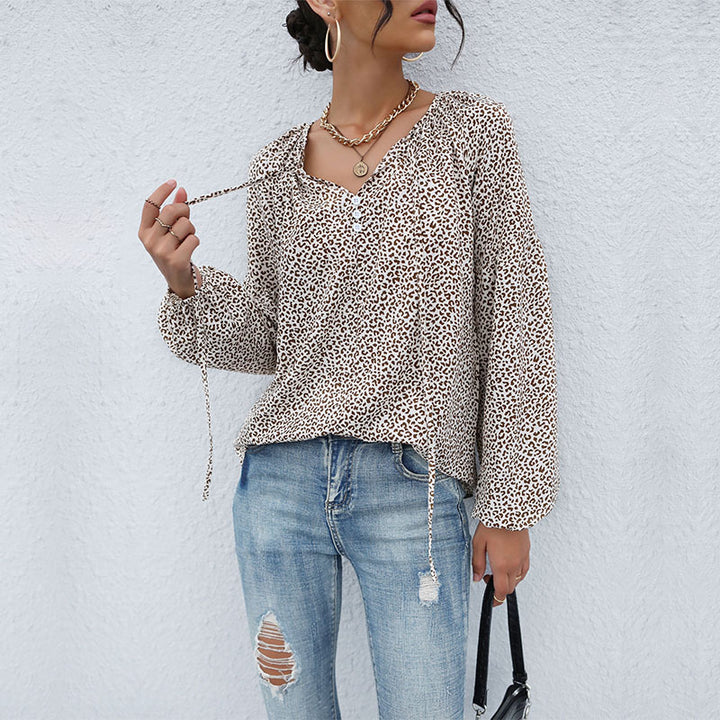 Damen Leopardenprint-Bluse mit V‑Ausschnitt, leichter Viskoseoptik und Ballonärmeln Drune