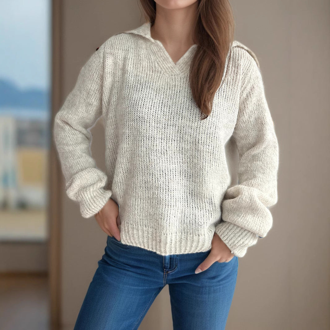 Damen lässiger Strickpullover mit V-Ausschnitt und voluminösen Ärmeln Drune