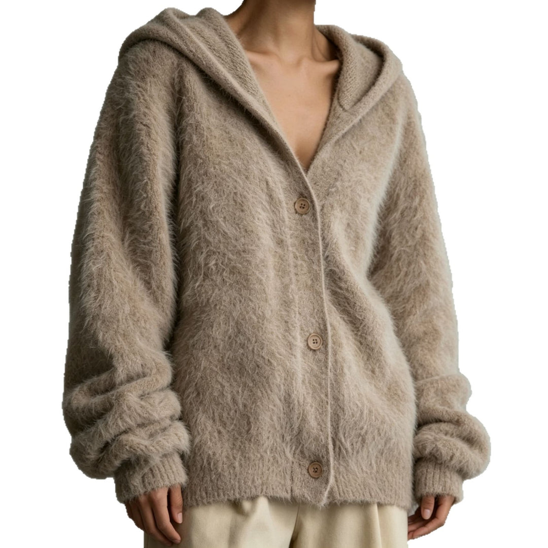 Damen Flauschiger Kapuzen-Cardigan im Mohair-Look mit Knopfleiste Drune