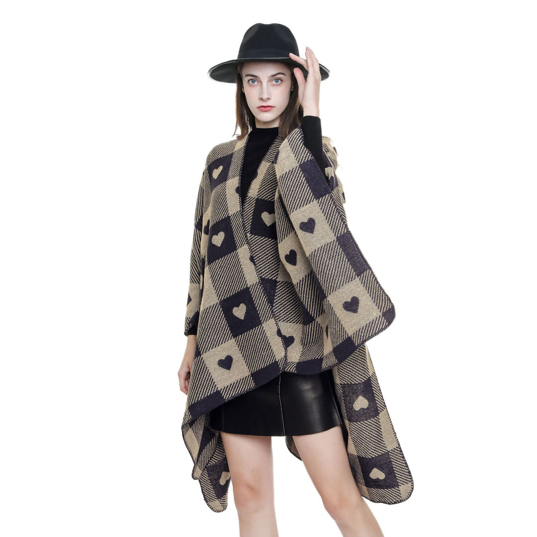 Damen Capeponcho aus Jacquardstrick mit Herz-Allover und offener Front Drune