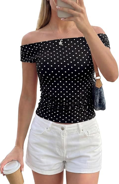 Damen Schulterfreies tailliertes Polka‑Dot Top mit geraffter Seitennaht Drune