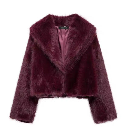 Damen Kurze Cropped Kunstpelzjacke mit voluminösem Schalkragen Drune