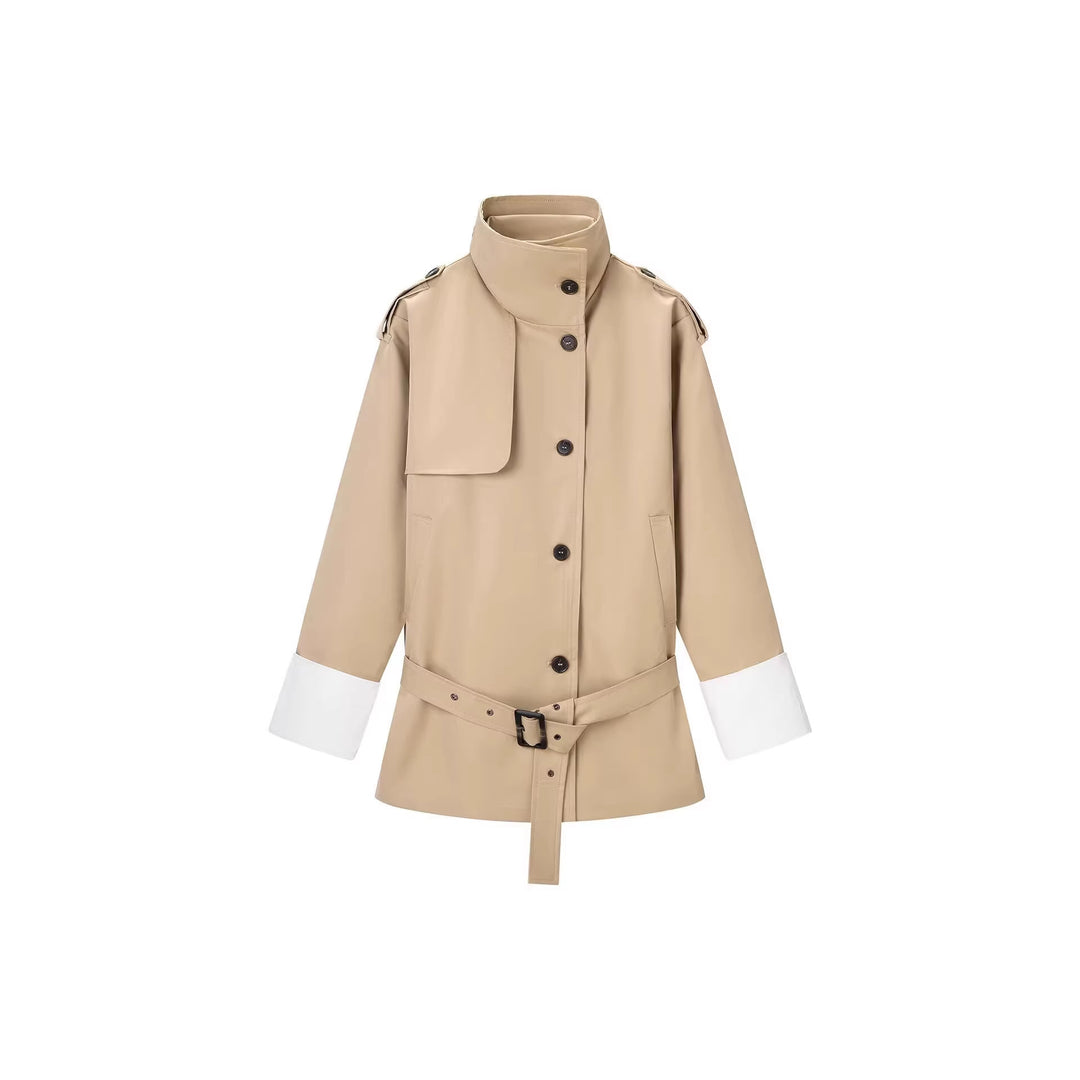 Damen Kurzer Trenchcoat mit Taillengürtel, Stehkragen und Kontrastmanschetten Drune