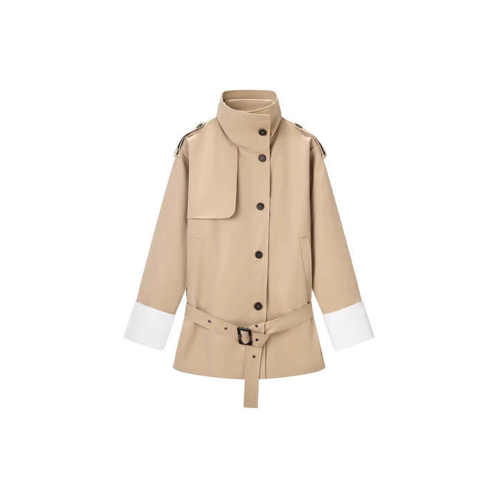 Damen Kurzer Trenchcoat mit Taillengürtel, Stehkragen und Kontrastmanschetten Drune