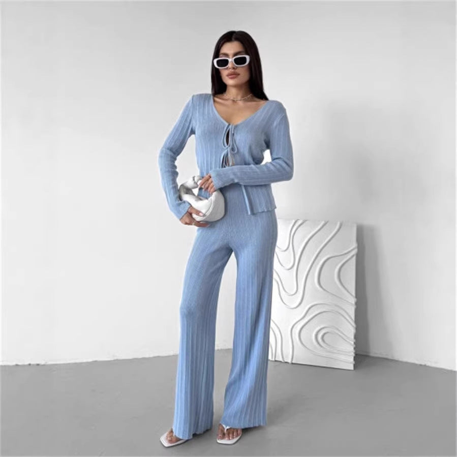 Damen Strickset mit V-Ausschnitt und Kordelzug Drune