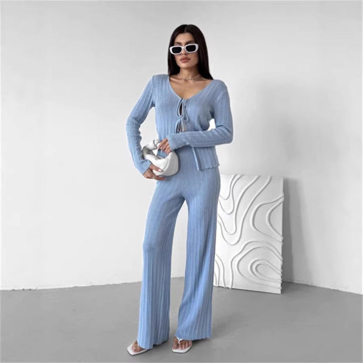 Damen Strickset mit V-Ausschnitt und Kordelzug Drune