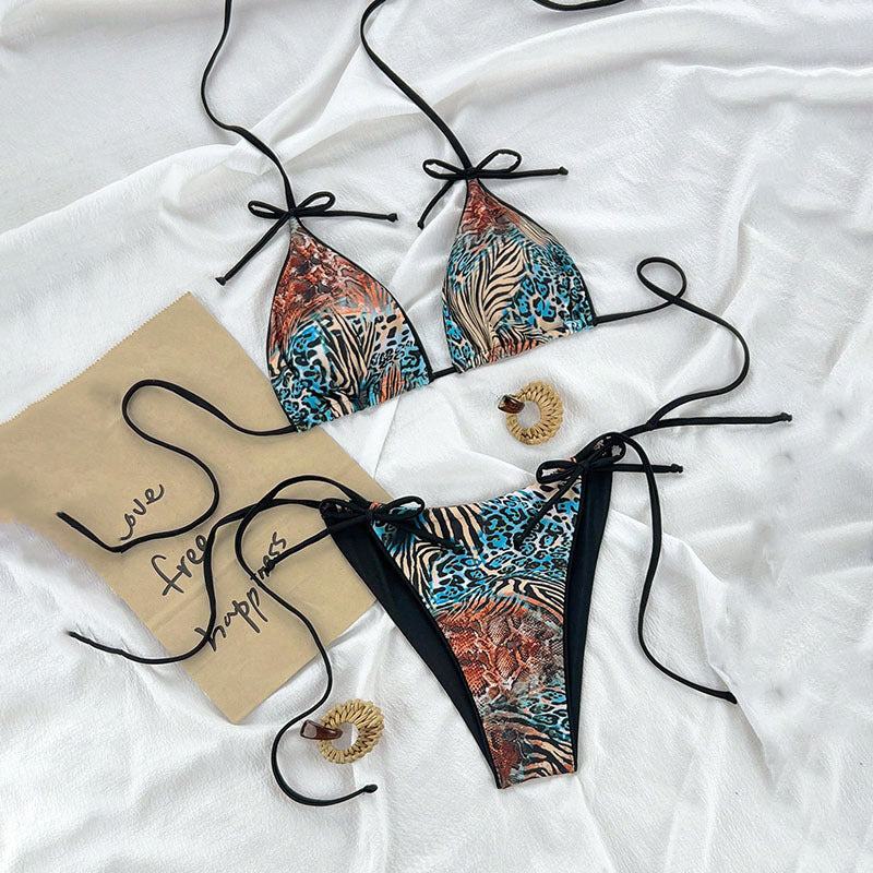 Damen Triangel-Bikini mit animalischem Druck und verstellbaren Bindebändern Drune