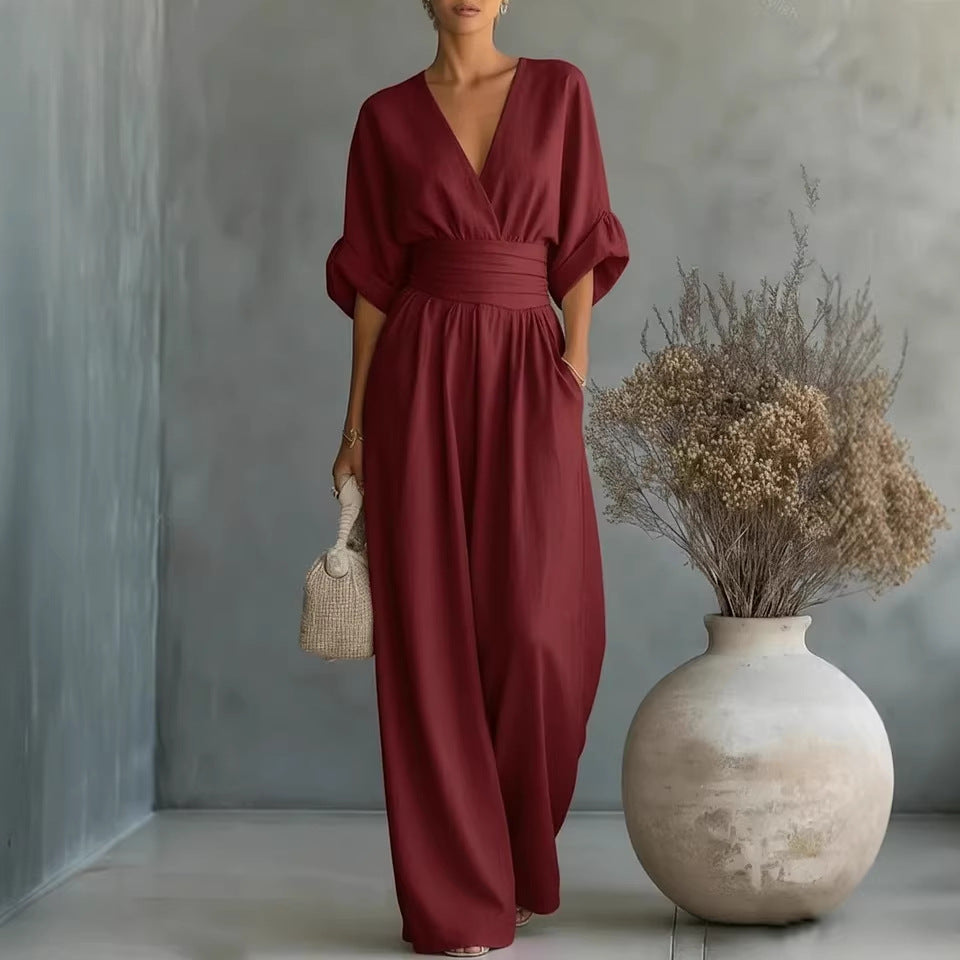 Damen Maxikleid mit V-Ausschnitt und Puffärmeln Drune