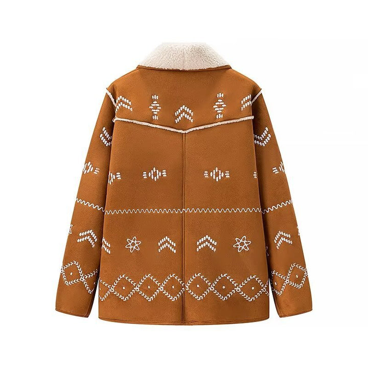 Damen nan gesteppte Kunstfell-Sherpa-Jacke mit Schalkragen, folklorischer Stickerei und aufgesetzten Taschen Drune