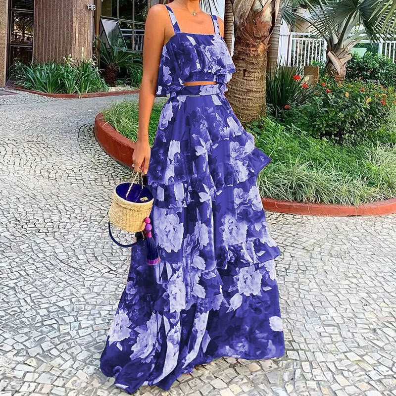 Damen Maxi-Rock mit gestuftem Volant und floralem Design Drune