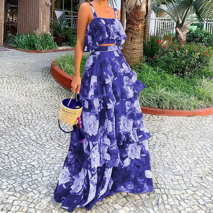 Damen Maxi-Kleid mit floralem Muster und Rüschen Drune