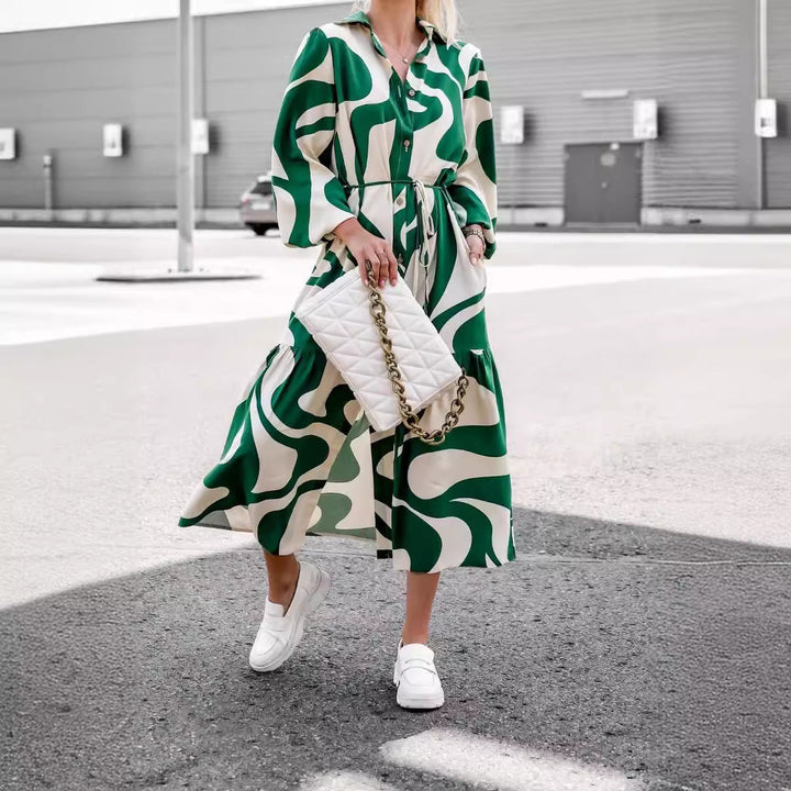 Damen Maxikleid mit modernem Muster und praktischem Taillengürtel Drune