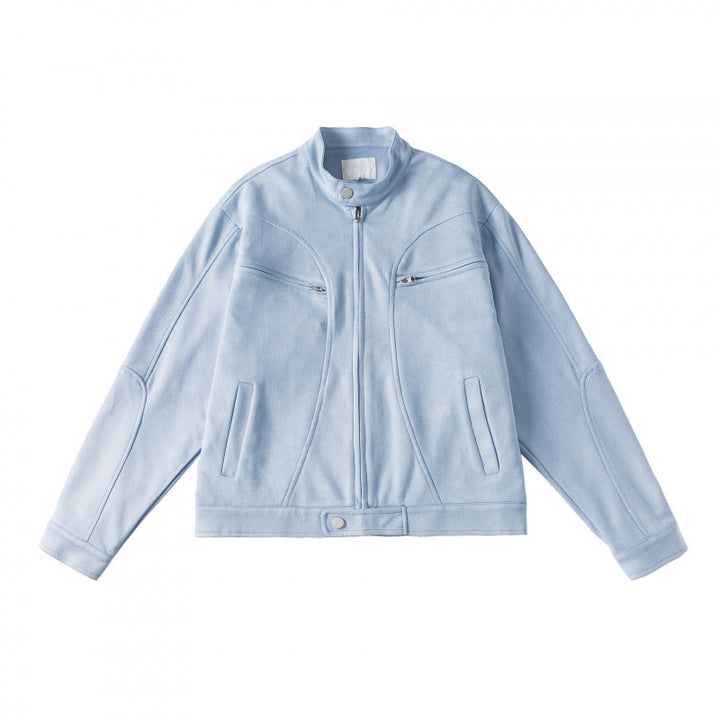 Unisex Kurzgeschnittene kastige Velours-Blousonjacke mit Stehkragen und Brustreißverschlüssen Drune