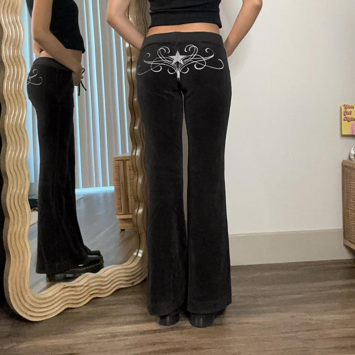 Damen weiche Velours‑Schlaghose mit Zierstern aus Strass und Tunnelzugbund Drune