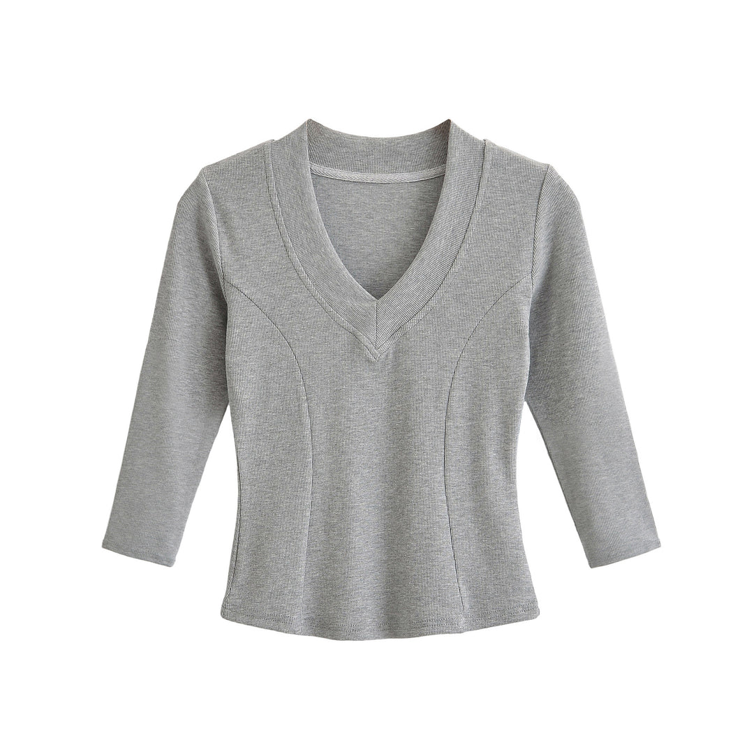 Damen Geripptes Langarmshirt mit V-Ausschnitt und taillierter Schnittführung Drune