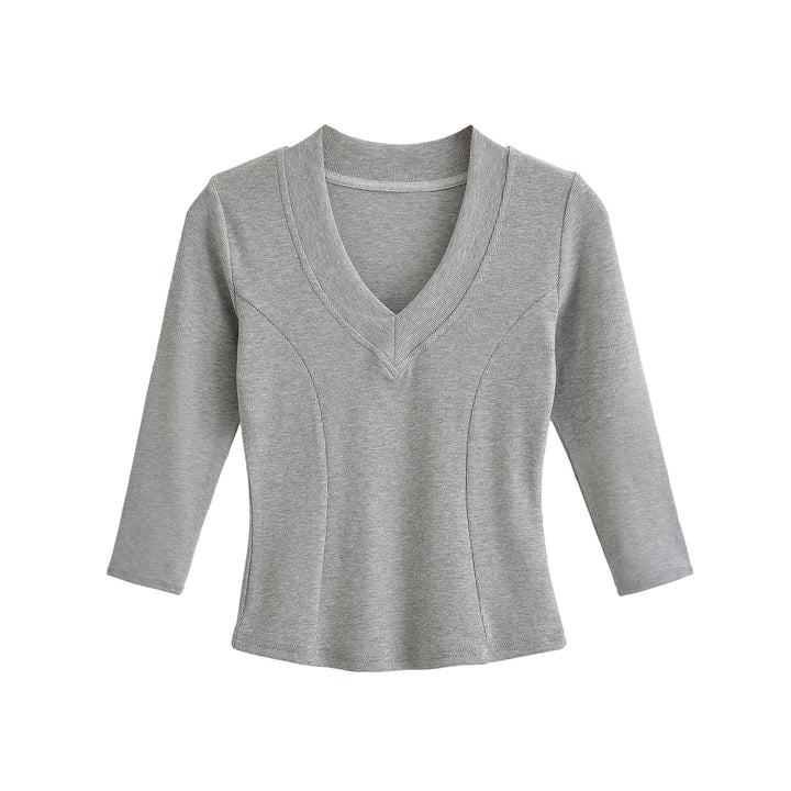 Damen Geripptes Langarmshirt mit V-Ausschnitt und taillierter Schnittführung Drune