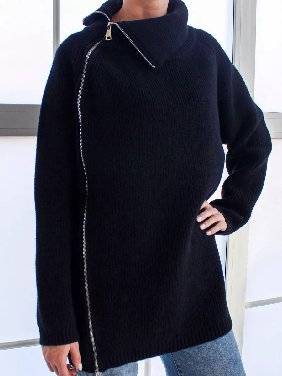 Damen Oversized Pullover mit asymmetrischem Reißverschluss und hochgeschlossenem Kragen Drune