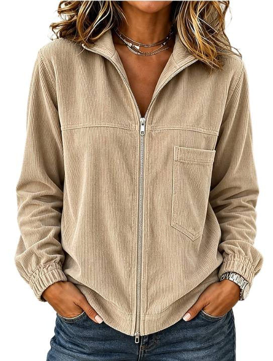 Damen Cordjacke mit Reißverschluss, Stehkragen und aufgesetzter Brusttasche Drune