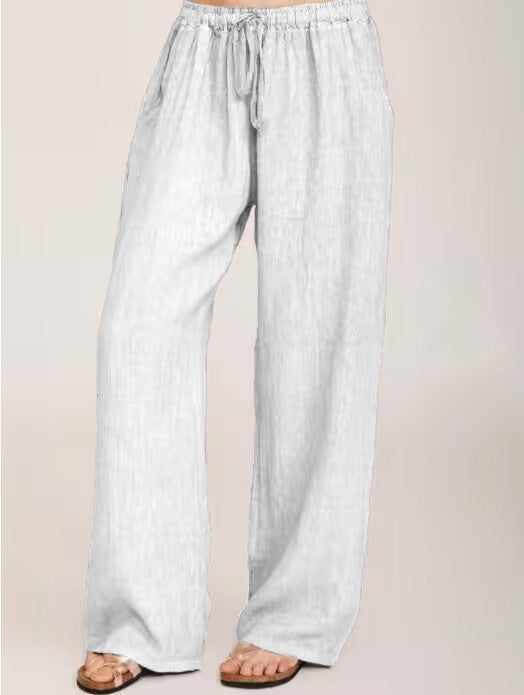 Damen Weite Leinenhose mit elastischem Bund und Seitentaschen Drune