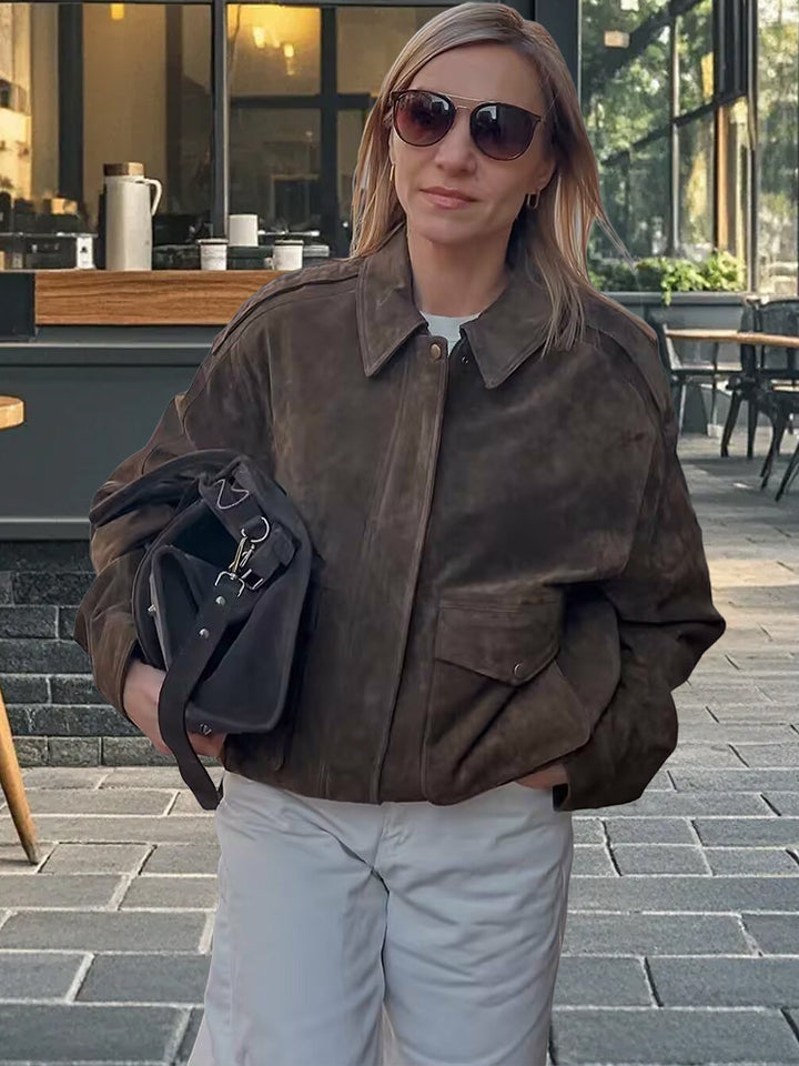 Damen lässige Wildlederjacke mit praktischen Taschen und hochgeschlossenem Kragen Drune