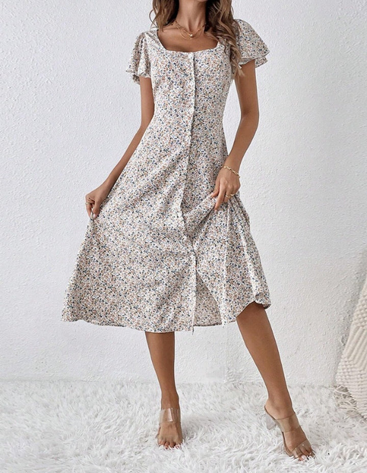 Damen nan tailliertes Midikleid mit quadratischem Ausschnitt, verdeckter Knopfleiste und fließendem A-Linien-Rock Drune