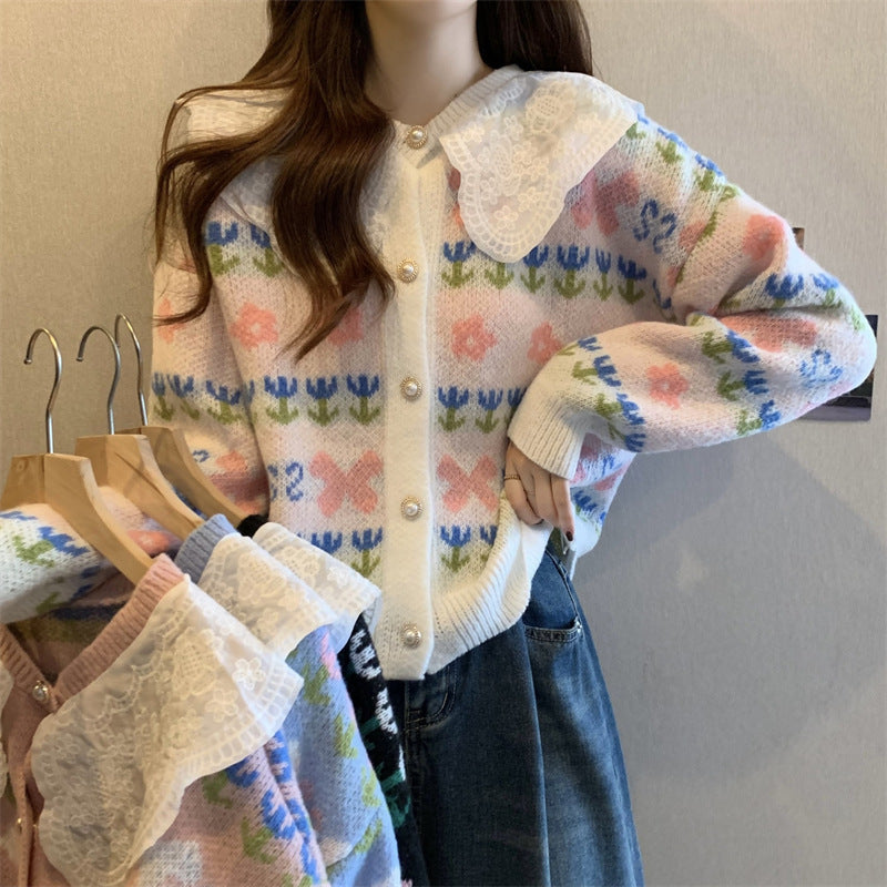 Damen modische Strickjacke mit Spitzenkragen und Floral-Design Drune