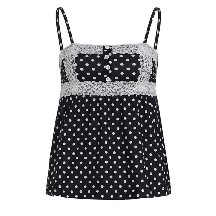 Damen Spaghetti-Trägertop mit süßem Spitzenbesatz und Polka-Dots Drune