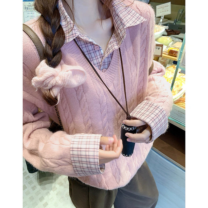 Damen Grobstrickpullover mit Zopfmuster und V-Ausschnitt Drune