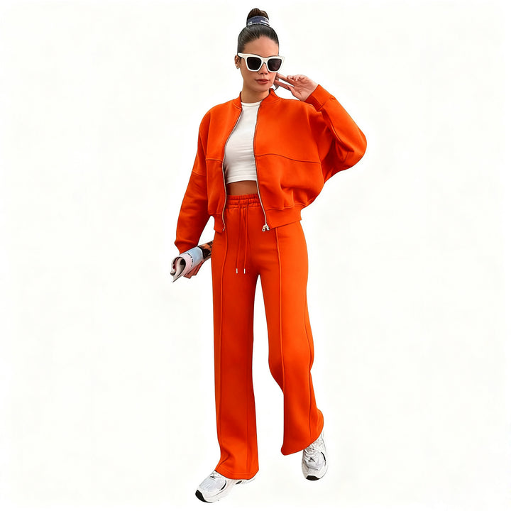Damen nan kurz geschnittenes Blouson mit Reißverschluss und weiter High-Waist Jogginghose Set Drune