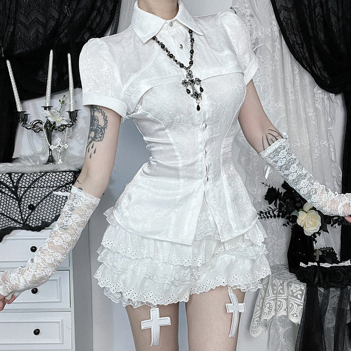 Damen Gothic Spitzenhemd mit eleganten Puffärmeln und Rüschendetails Drune