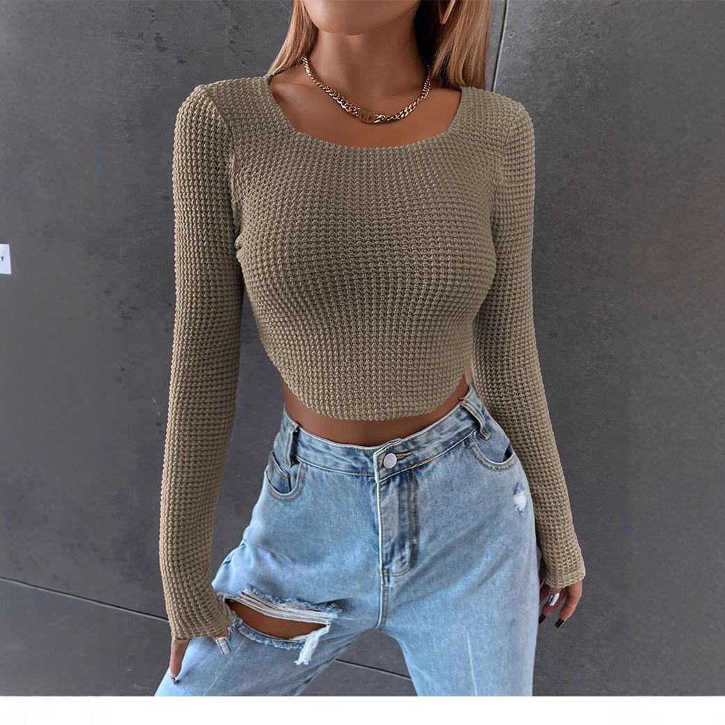 Damen Figurbetontes Cropped‑Waffel‑Stricktop mit U‑Boot‑Ausschnitt Drune