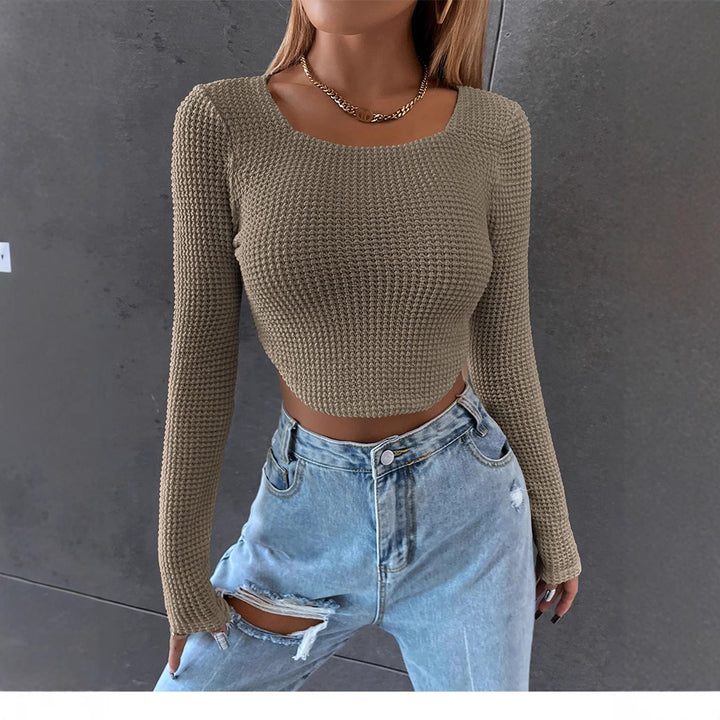 Damen Figurbetontes Cropped‑Waffel‑Stricktop mit U‑Boot‑Ausschnitt Drune