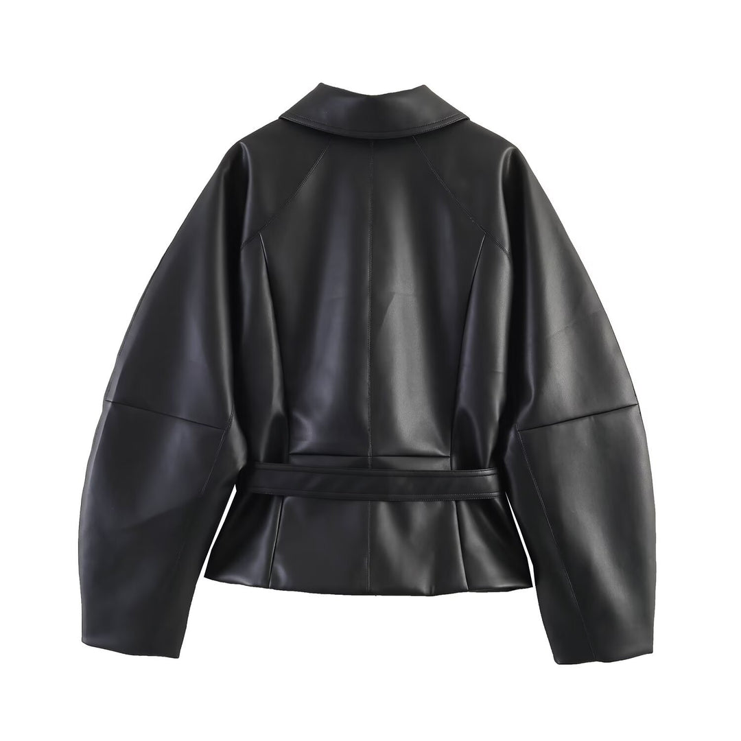 Damen Kurze Kunstlederjacke mit Taillengürtel und Oversized-Ärmeln Drune