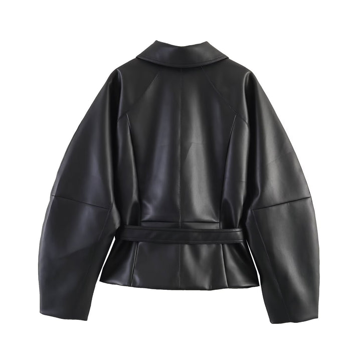 Damen Kurze Kunstlederjacke mit Taillengürtel und Oversized-Ärmeln Drune