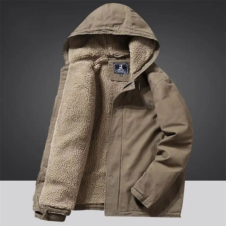 Herren Kapuzenjacke im Vintage-Worker-Stil mit Sherpa‑Futter Drune