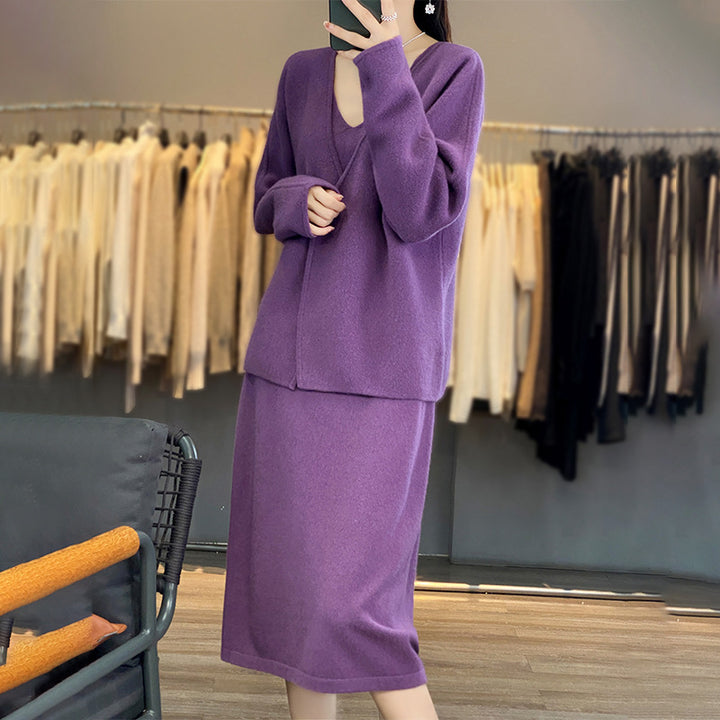 Damen gemustertes Strickkleid mit V-Ausschnitt und lässigem Schnitt Drune