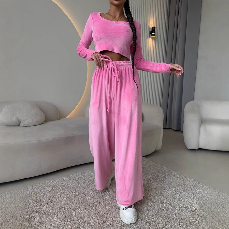 Damen Samt-Loungewear-Set mit Cropped-Langarmshirt und hoher Taillen-Palazzohose Drune