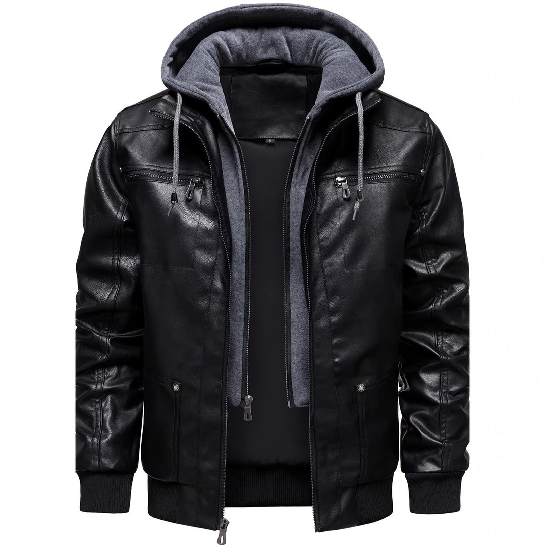 Herren Sportliche Lederjacke mit Kapuze Drune