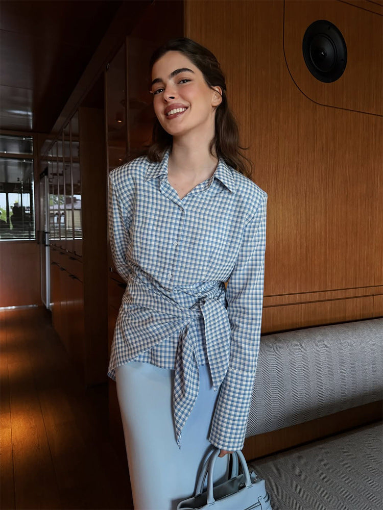 Damen Gingham-Wickelbluse mit seitlicher Taillenbinde und Hemdkragen Drune