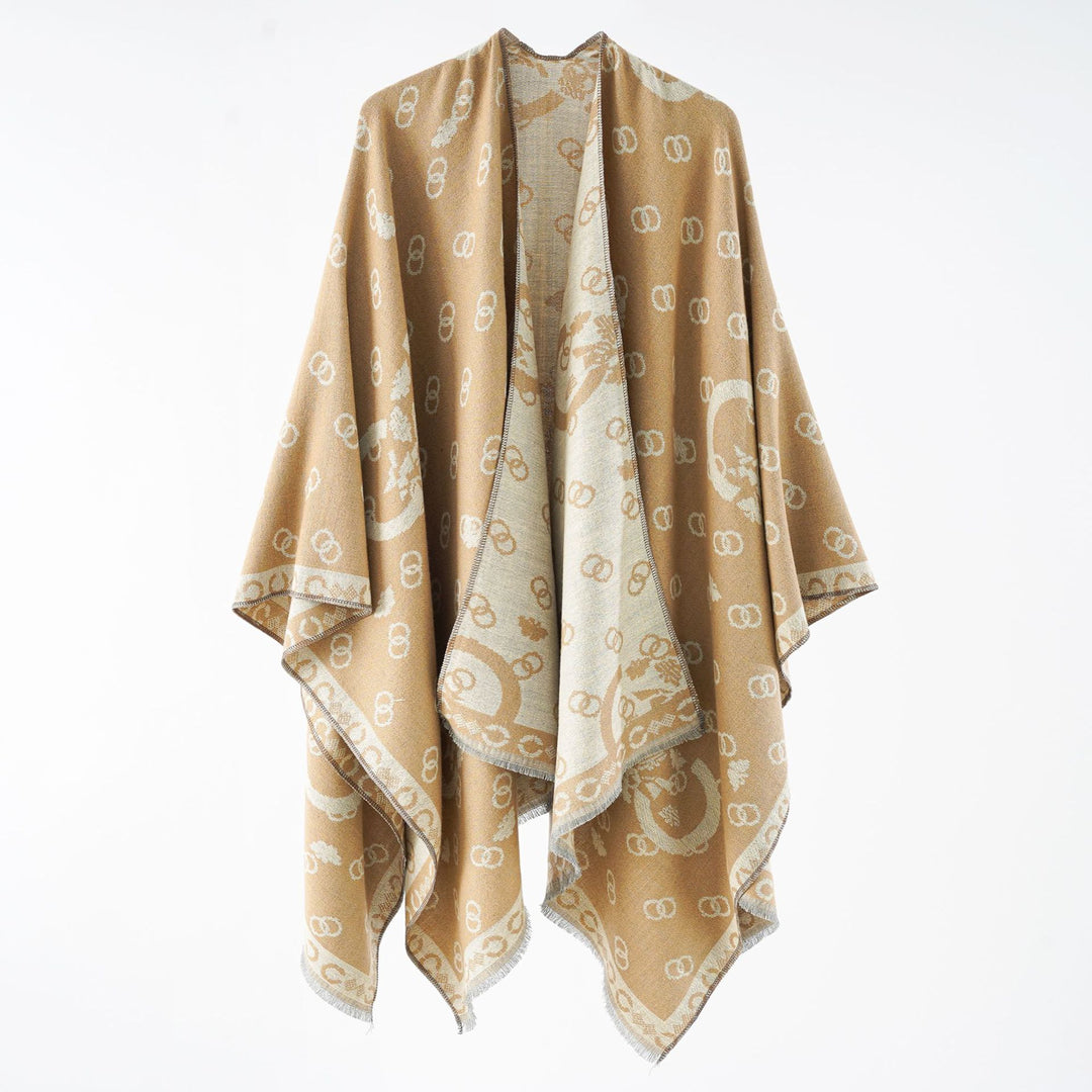 Damen Wendbarer Jacquard-Überwurf mit Fransen und großzügiger Wrap-Silhouette Drune