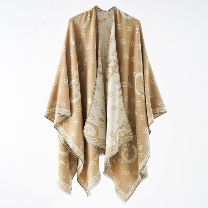 Damen Wendbarer Jacquard-Überwurf mit Fransen und großzügiger Wrap-Silhouette Drune