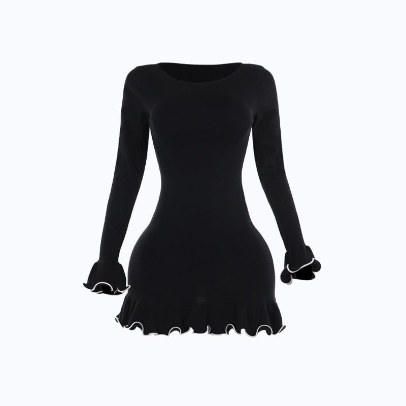 Damen figurbetontes Mini-Kleid mit kreativen Rüschen und langen Ärmeln Drune