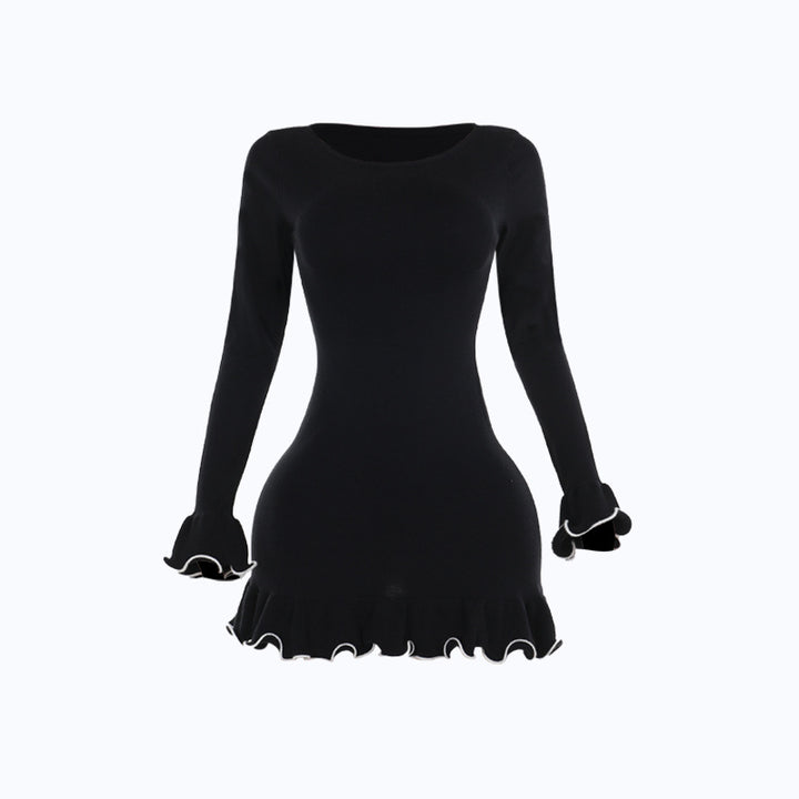 Damen figurbetontes Mini-Kleid mit kreativen Rüschen und langen Ärmeln Drune