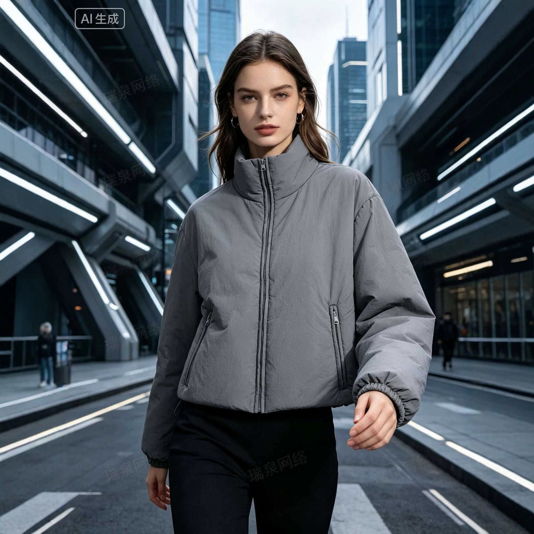 Damen Kurze Boxy‑Steppjacke mit hohem Stehkragen, Reißverschlusstaschen und elastischen Bündchen Drune