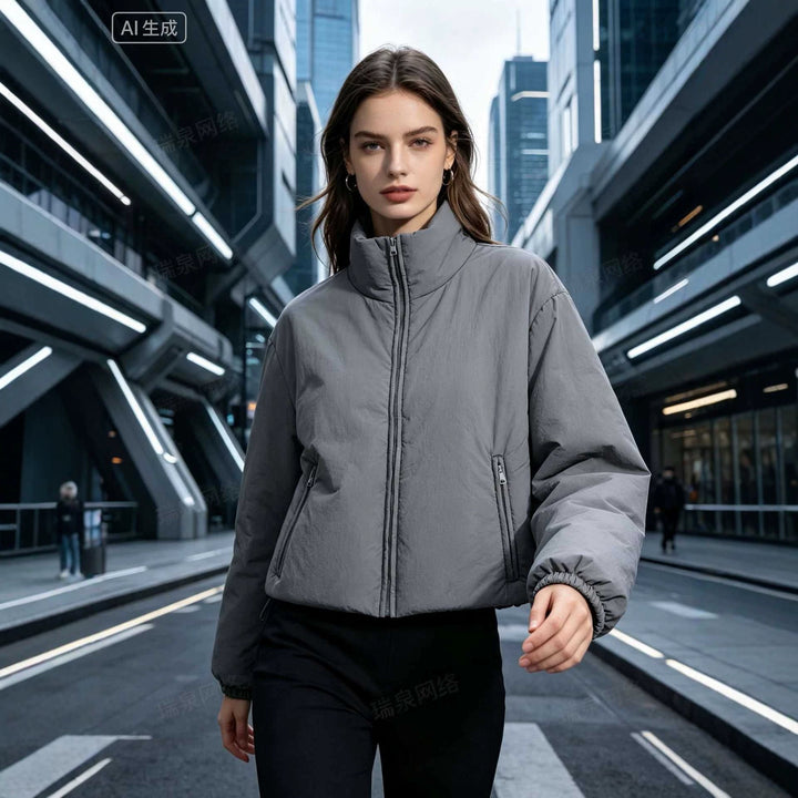 Damen Kurze Boxy‑Steppjacke mit hohem Stehkragen, Reißverschlusstaschen und elastischen Bündchen Drune