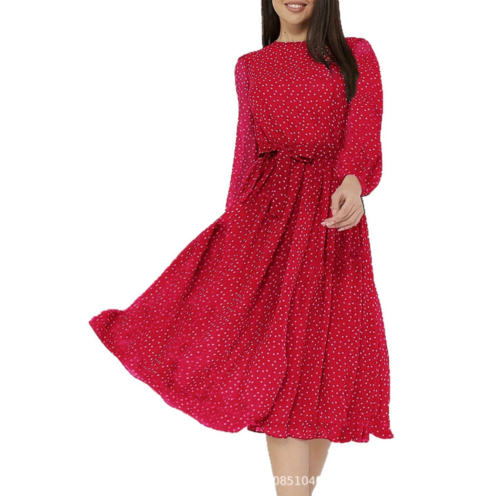 Damen Midikleid mit Punkten, taillierter Bindegürtel und Volantrock Drune
