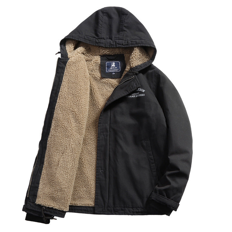 Herren Baumwoll-Canvas Kapuzenblouson mit durchgehendem Teddyfutter, verdeckter Knopf- und Reißverschlussleiste und Innentasche Drune